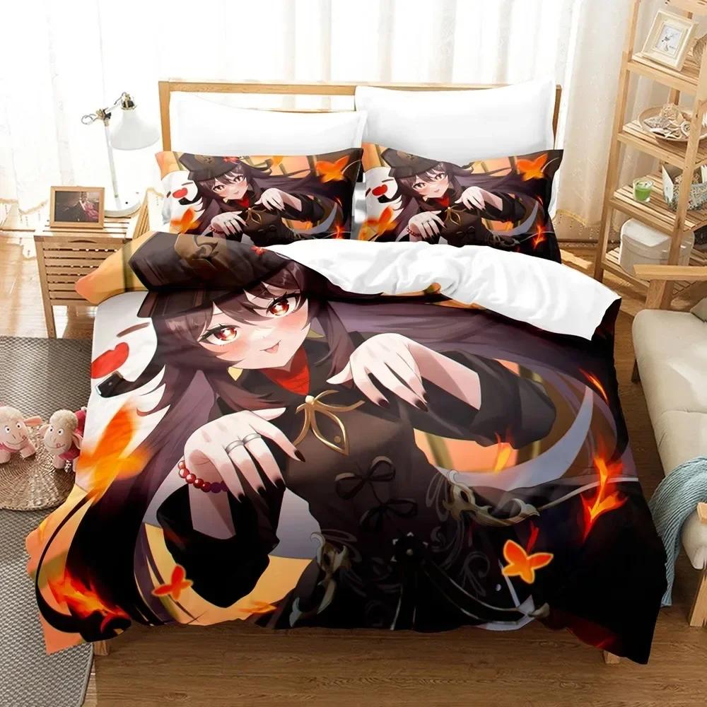 Hu Tao Bedding Set Genshin Impact Duvet Cover 3D Game Home Textile with Pillowcase for Teens Adults Kids Men Women Bedroom Decor