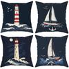 4 Stuks Nautische Kust Kussenhoezen - Vuurtoren, Zeilboot & Oceaan Golf Patronen in Marineblauw, Rood, Wit | Zacht Fluweel Met Rits