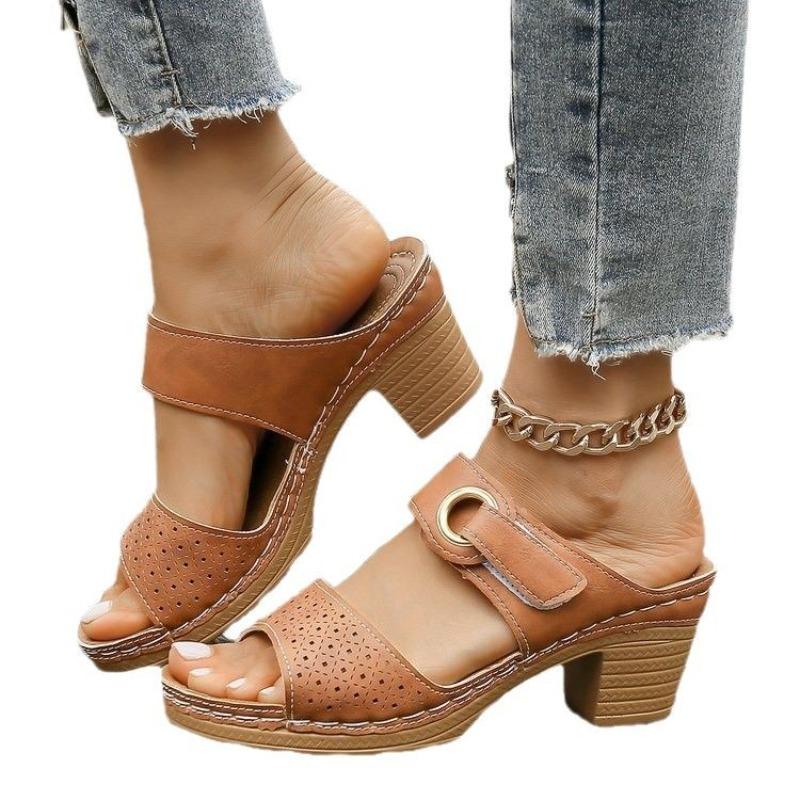 Spring and summer new large size high heel slippers women's thick heel fish mouth word Velcro cool slippers