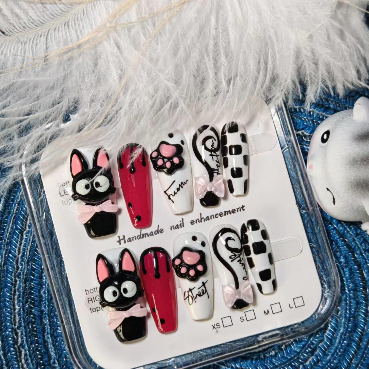 

Расписанные вручную клетчатые накладные ногти с кошачьими лапками - Съемные патчи для нейл-арта Large L