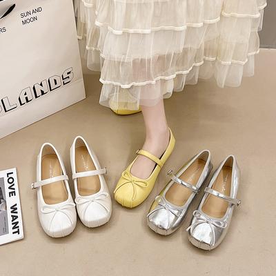 Französische silberne flache Ballerinas Damen 2025 neuer Temperament Schleife Feenwind Wortgürtel Mary Jane Schuhe