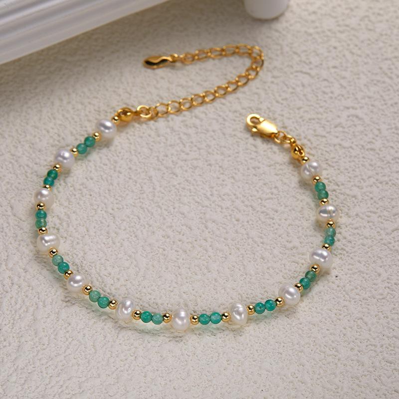 

925 Sterling Silver Natural Pearl Green Chalcedony Colored Treasure Necklace Female High Sense Personality Sweet Handmade Beads