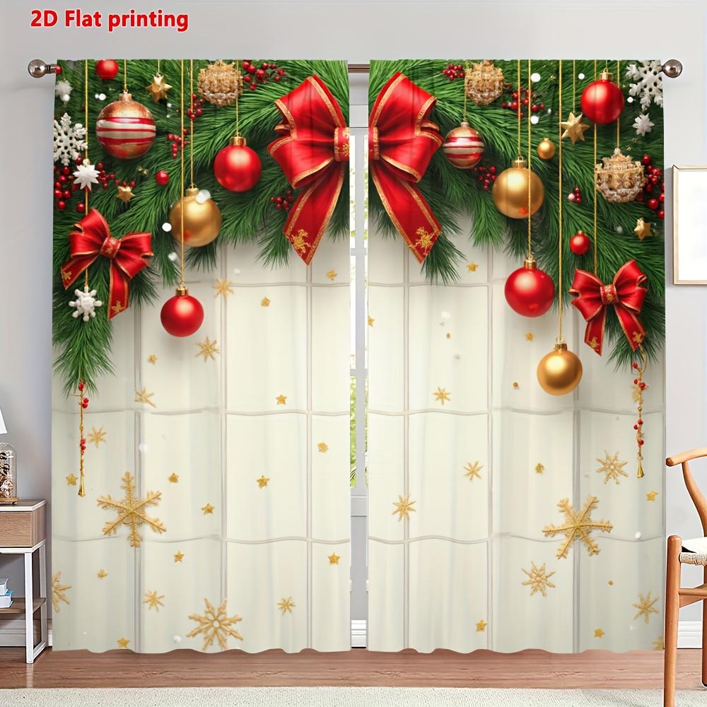 Christmas Pine Bow Curtains 2pcs   Golden Ornament Snowflake 2D Flat Print Rod Pocket for Living Room Bedroom Kitchen Privacy