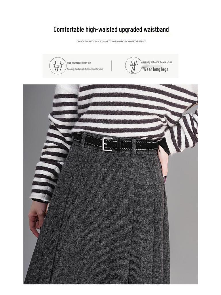 2025 Winter High-Waisted Wool A-line Skirt - Drapey, Slimming, Mid-length, Pleated, Wide-hem Design.
