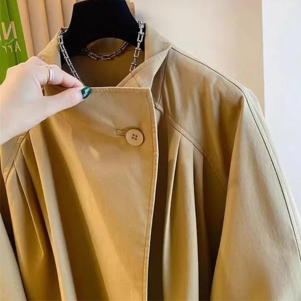 High End Stand Up Collar Outwear Spring Plus Size Women's Casual Loose Mid Long Windbreaker Lining Jacket Khaki Black Top