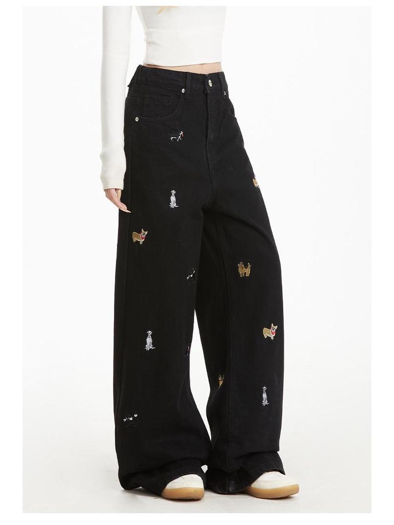 2025 Summer Women's High Waist Embroidered Overalls - European Street Style Punk Wide-Leg Pants