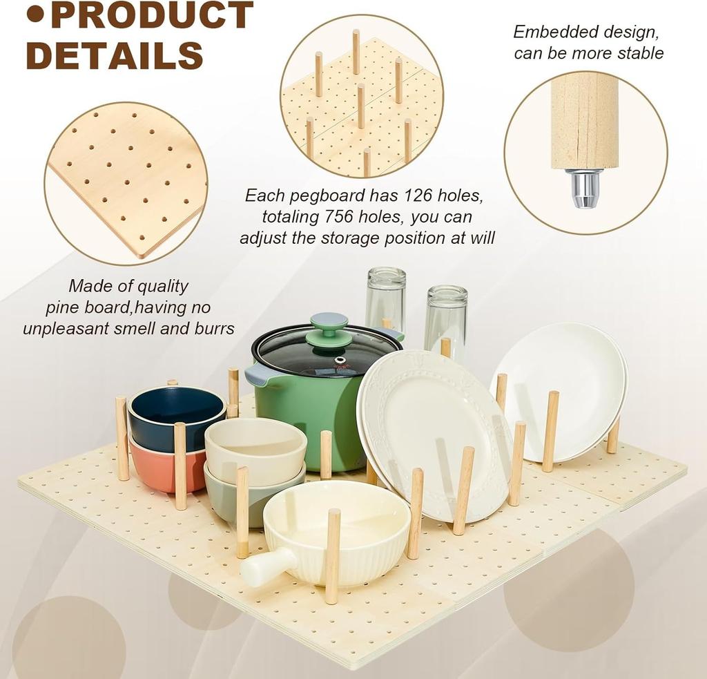 Wood Pegboard Drawer Organizer Storage Sturdy Organization Dish and Plate Organizer Peg Board System Adjustable for Utensils