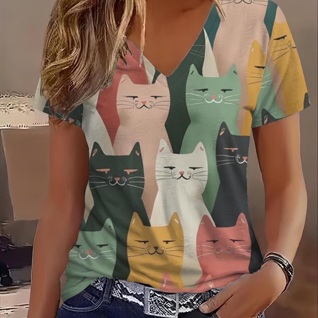 Damen Sommer V-Ausschnitt Kurzarm T-Shirt