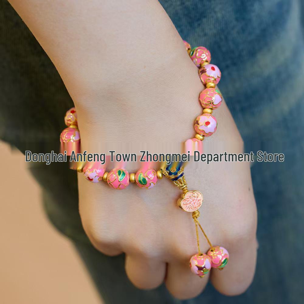 Enamel Cloisonné Ruyi Beaded Bracelet - Lucky Blue Floral Gift for Best Friend Polished