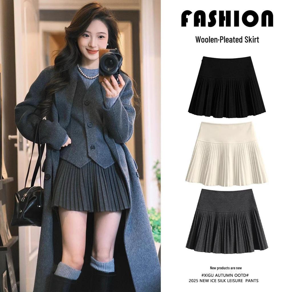 Miu-Style Dark Gray Wool Pleated Women's A-Line Skirt - 2025 New Thickened JK Style for Autumn/Winter