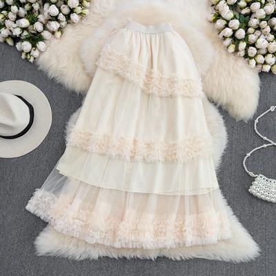 Summer High-Waisted Slim Multi-Layer Ruffled Tutu Skirt Mid-Length Over-The-Knee Elastic Waist Mesh Skirt Women