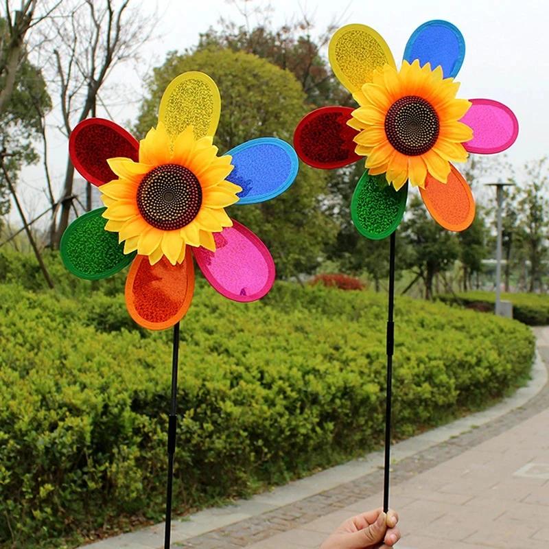 Colorful Sunflower Windmill Cartoon Six-Wheel Sequin Pinwheel Foldable Carry Windmill Camping Outdoor Toy Garden Yard Decoration