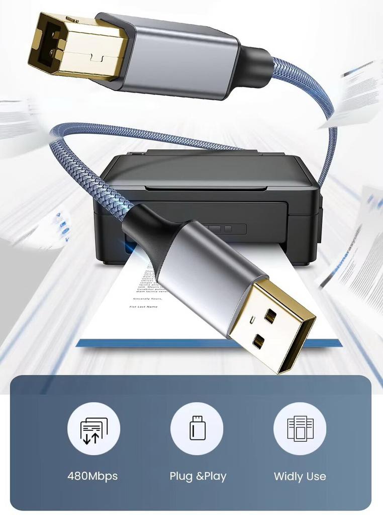 Printer Cable SUNROZ USB - USB Type-B Hi-Speed 480Mbps Fabric Braid, 3 M (A48753)