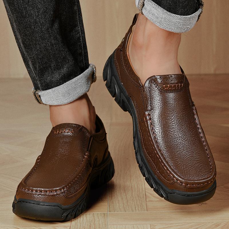 Fashion Handmade Men's Slip-On Loafers Hands-Free Casual Dress Shoes Durable Genuine Leather Non-Slip Rubber Sole Comfortable Footwear