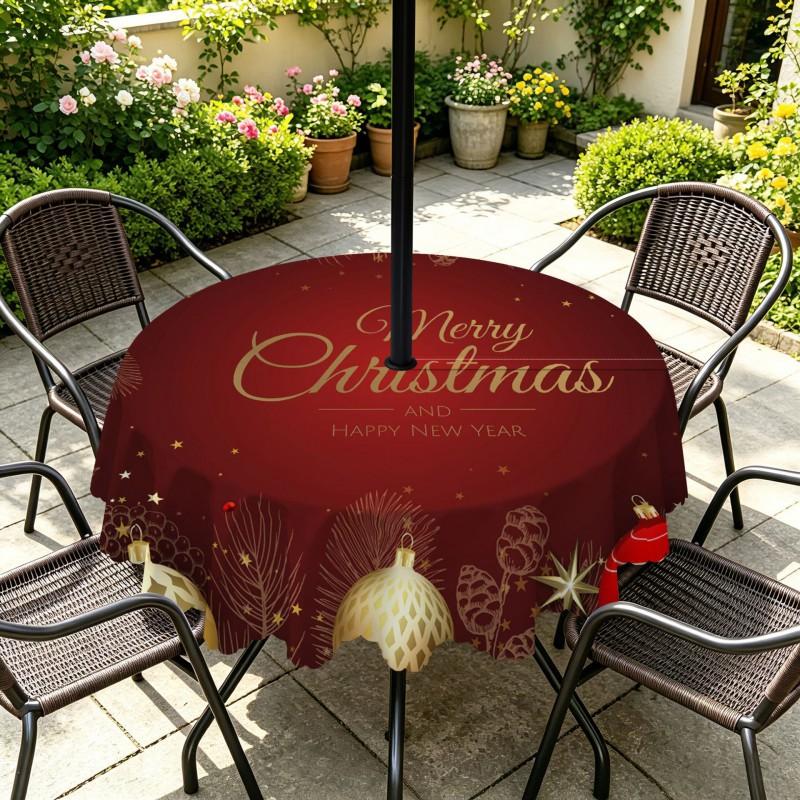 Outdoor Christmas Tablecloth Round Waterproof Oil-Resistant Patio Table Cover Garden Deck Umbrella Hole