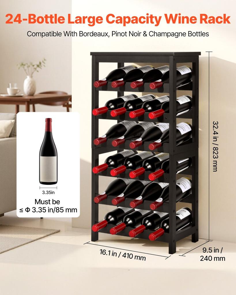 24 Bottle Detachable Wine Rack, 6-Tier Wine Bottle Holder,Solid Bamboo Wood Freestanding Floor Display Wine Storage Shelves with Table Top, for