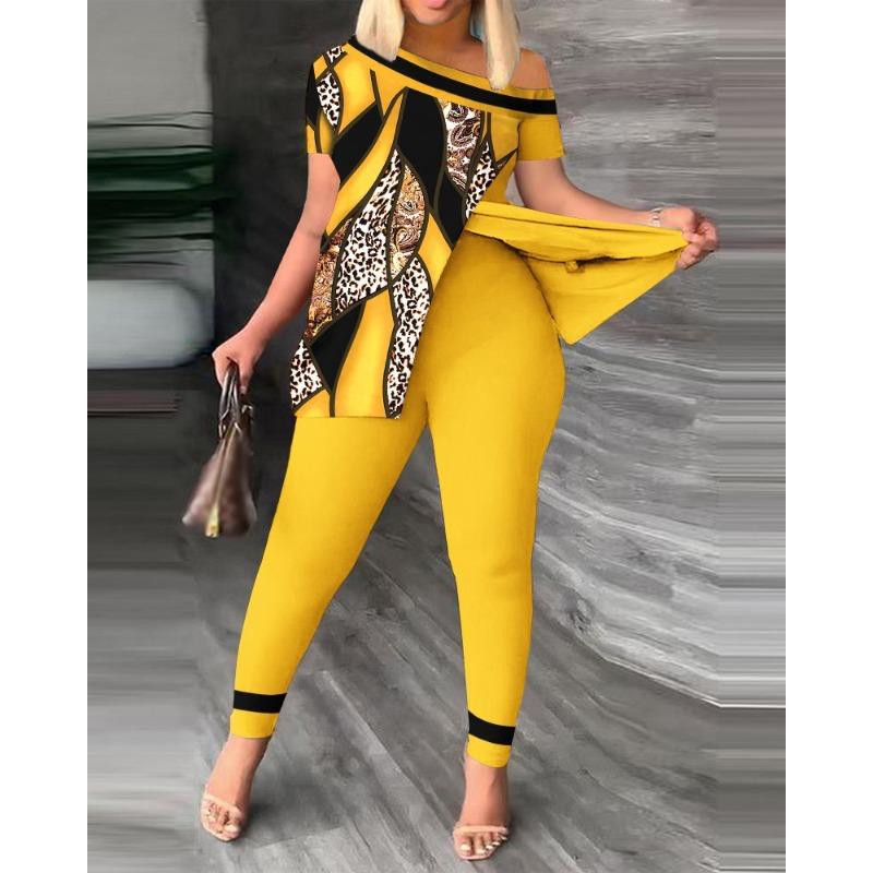 YYFS Women's Fashion Casual Summer Spring Short Sleeve Oblique Collar Trousers Pants Suits