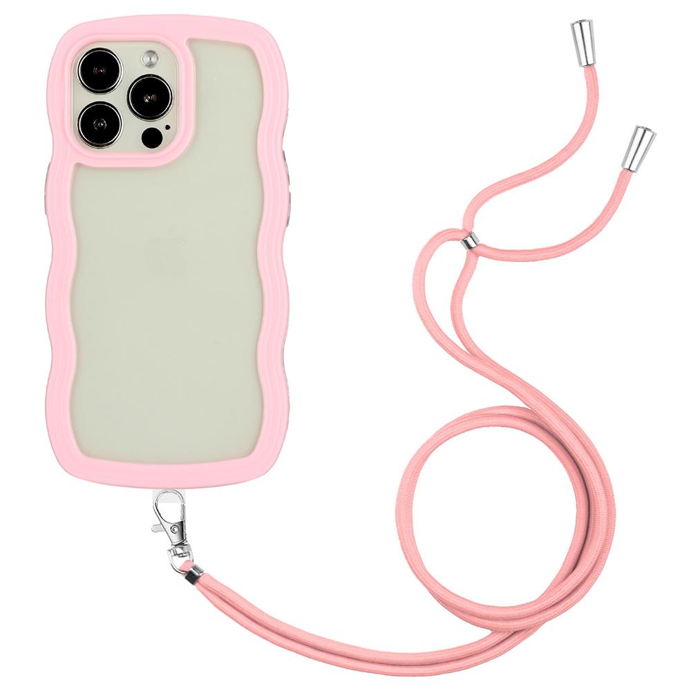 

For iPhone 16 Pro Case Wavy Edge Design PC+TPU Shockproof Phone Cover with Adjustable Lanyard Pink