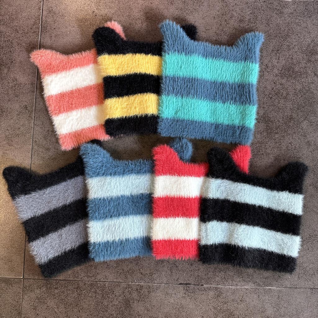 Cats Ears Design Knit Cap With Stripe Style For Daily Cold Weather Use Outdoor