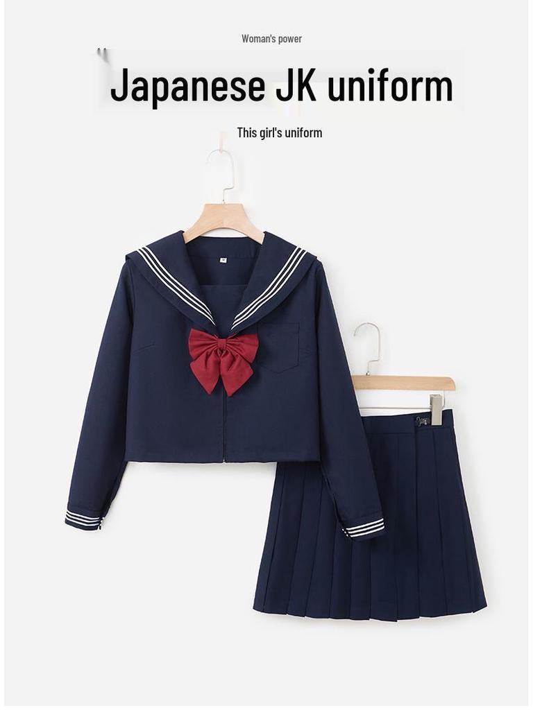 Authentic Dark Blue Three-Piece JK Uniform: Soft Girl Long-Sleeved Sailor Suit In Japanese Style