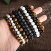 White Pine Handmade Beaded Bracelet Punk Skull Tiger Eye Stone Agate Bead Titanium Steel Bracelet