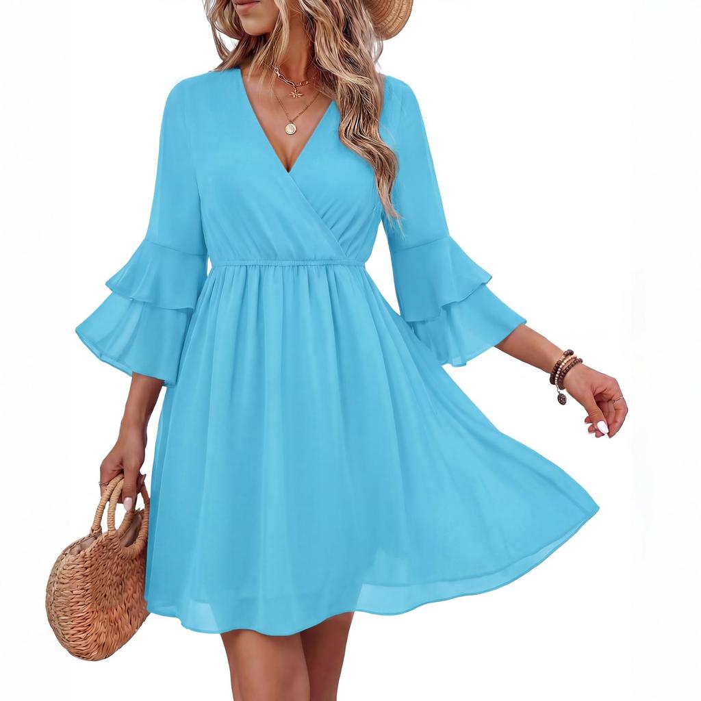 Women’s V Neck Floral Print Dress with Ruffle Sleeves and Elastic Waist Casual Loose Fit A Line Mini Dress