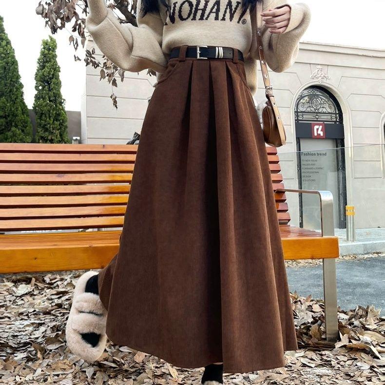 Mid Long Skirts Womens Corduroy Skirt Autumn Winter Korean Vintage High Waist Ruffle Pleated Skirts with Belt