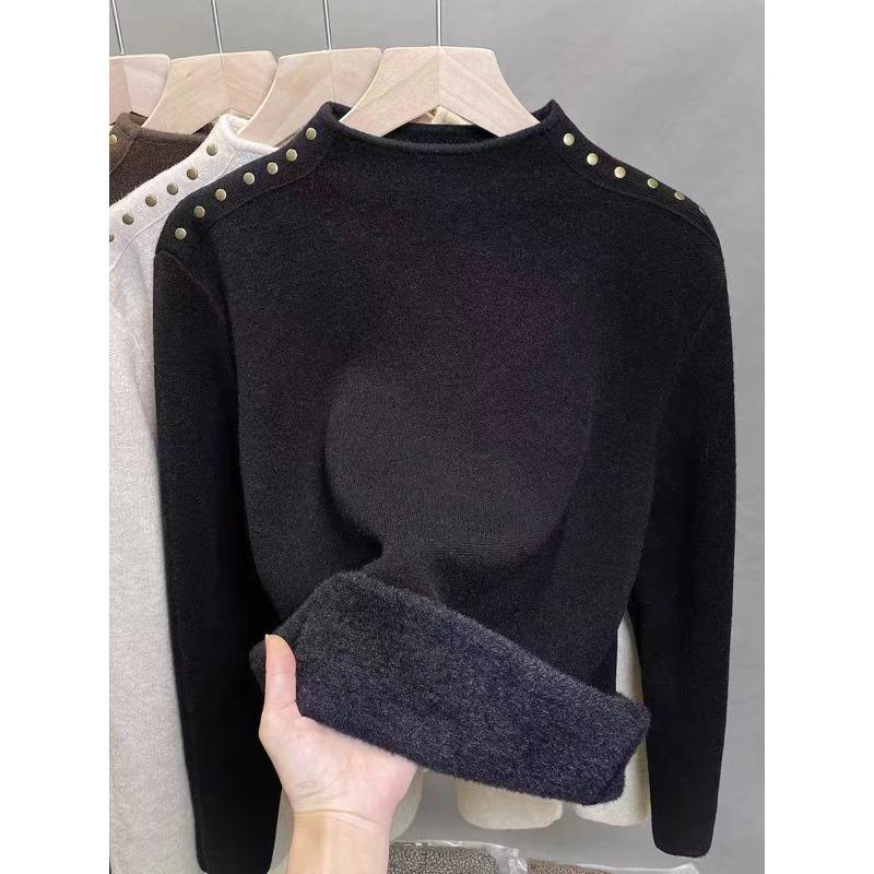 One-piece fleece semi-turtleneck sweater women's fleece thick bottoming shirt autumn and winter new rivet knitted sweater inner top