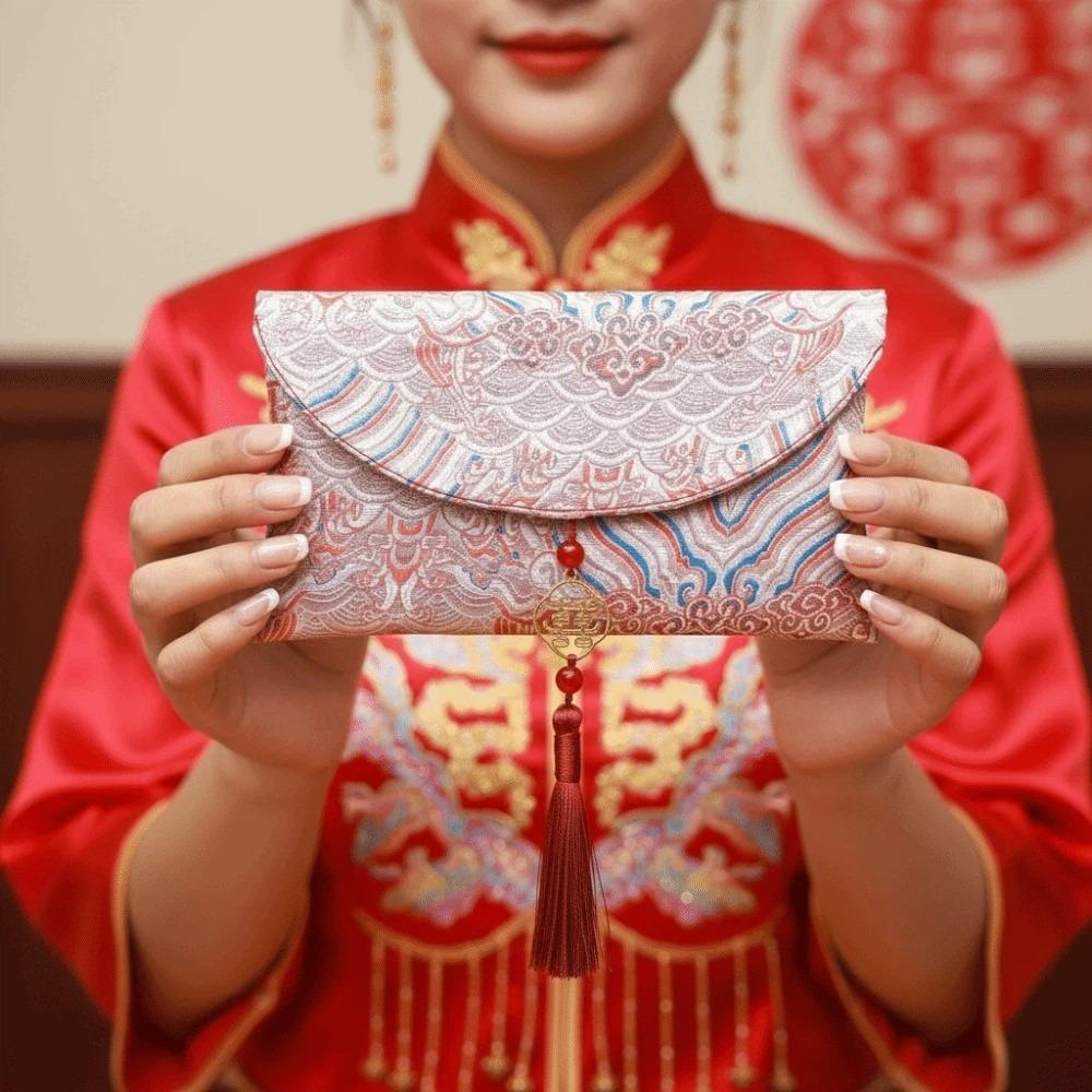 Traditional Spring Festival Red Envelope Embroidered Polyester Wedding Hongbao Thickened Tassel Lucky Money Packet