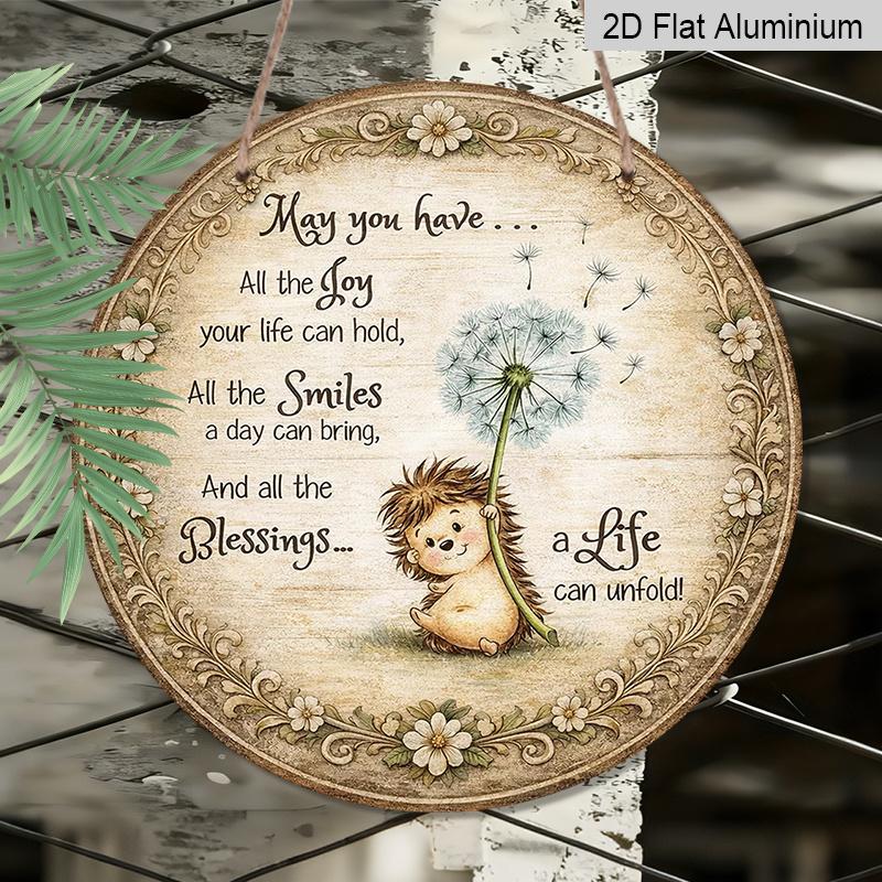 2D Flat, 1pc Round Aluminum Hanging Sign | Cute Hedgehog And Dandelion Vintage Wall Hanging, Inspirational Quotes For Living Room, Bedroom, Study
