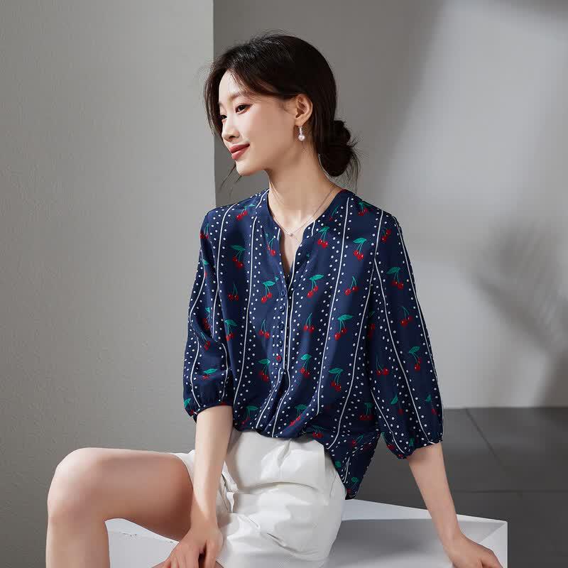 SOFSIL 2026 Summer Floral Silk V-Neck Blouse XL