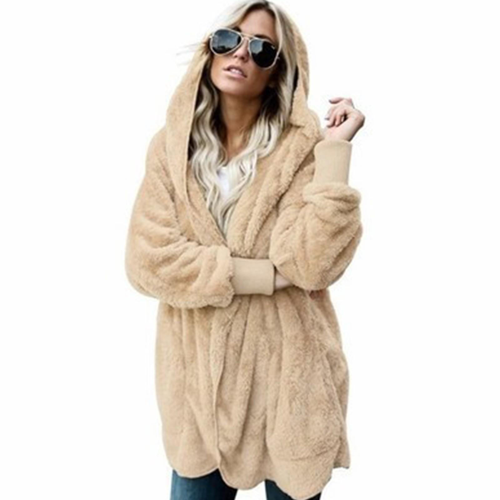 

Женская модная куртка с капюшоном, зимнее плюшевое пальто с длинными рукавами и принтом кошки, двустороннее пальто XL бежевый