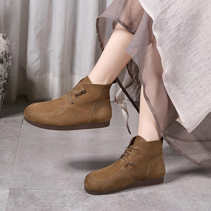 Johnature Retro Genuine Leather Flat Ankle Boots Handmade Soft Cowhide Elastic Band Soft Soled Women's Shoes