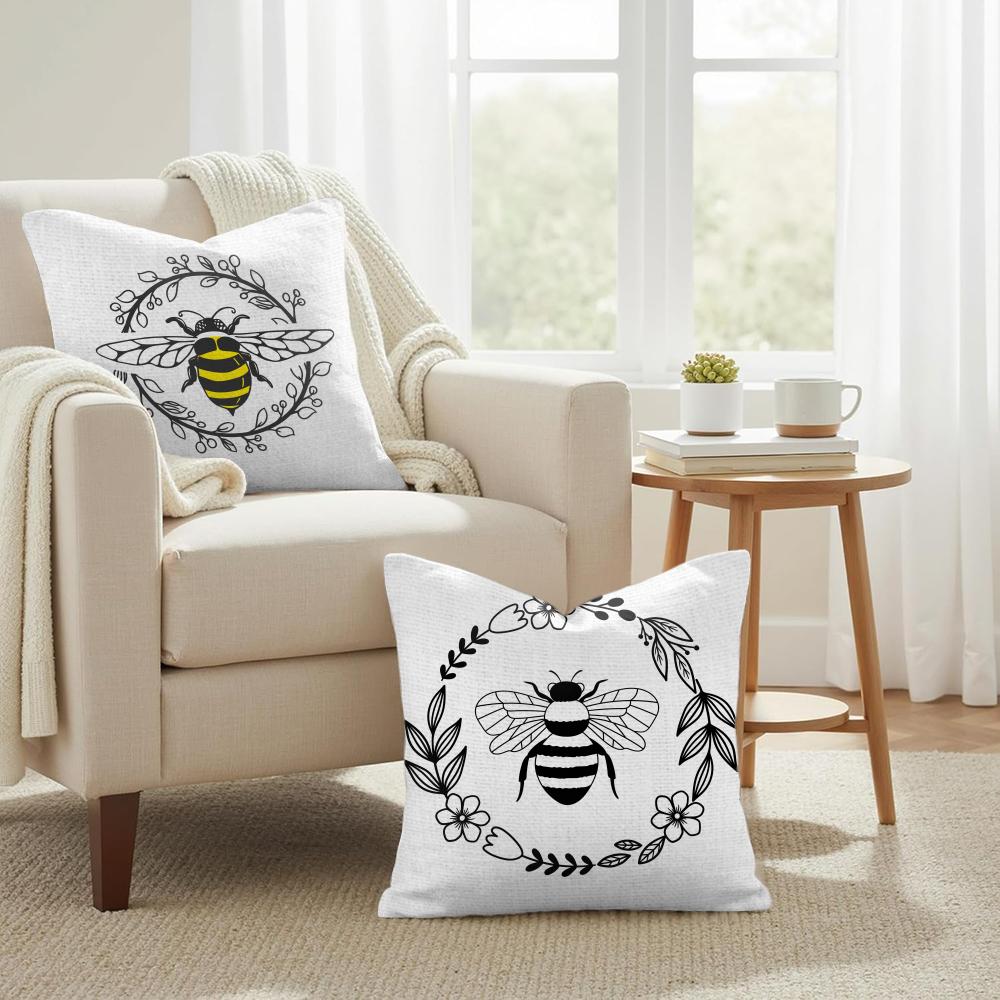 Bee Art Botanical Cushion Cover Natural Linen Organic Fabric DoubleSided Printing Couch Pillow Covers Home Decor
