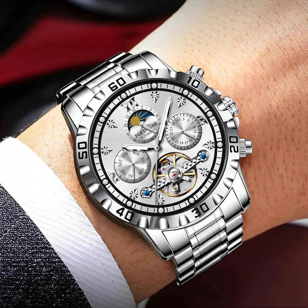 POEDAGAR Fashion Luxury Men Watch Automatic Date Week Man Wristwatch Hollow Tourbillon Mechanical Stainless Steel Men's Watches