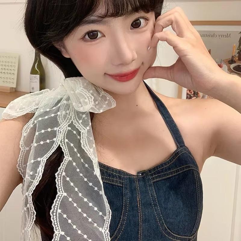 Moda 2025 Lenços de Cabeça Bordados em Renda Branca para Mulheres Lenço de Cabelo Coreano Faixas de Cabelo com Laço de Fita Longa Primavera Verão Acessórios de Cabeça