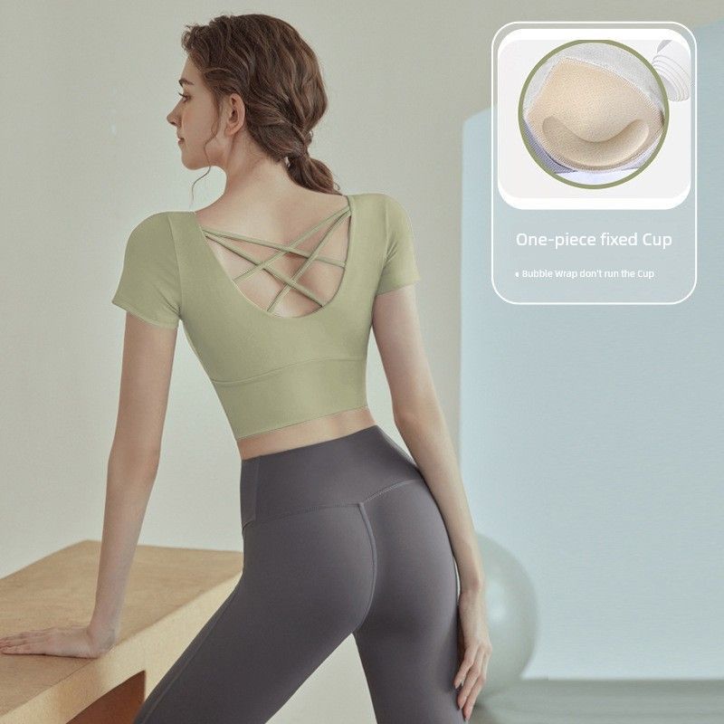 

Yoga Belt Chest Pad Beauty Back Suit Women s T-shirt Silm Slim Looking Nude Feel Fitness Exercise Running Long Sleeve Quick-Drying Tops Cardamom green short sleeve S