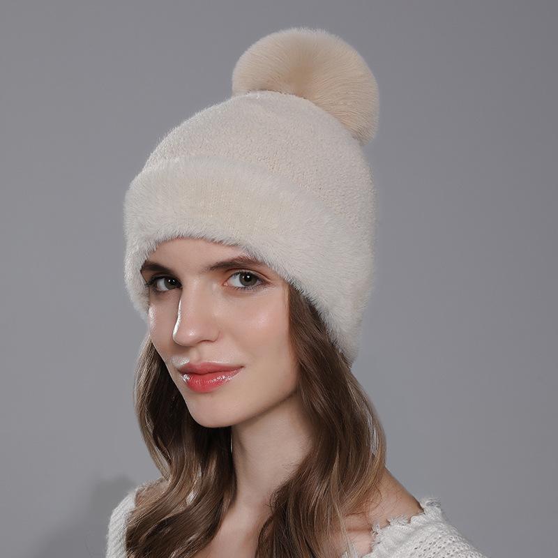 Cappello invernale da donna caldo e spesso in maglia con imitazione di pelo di coniglio