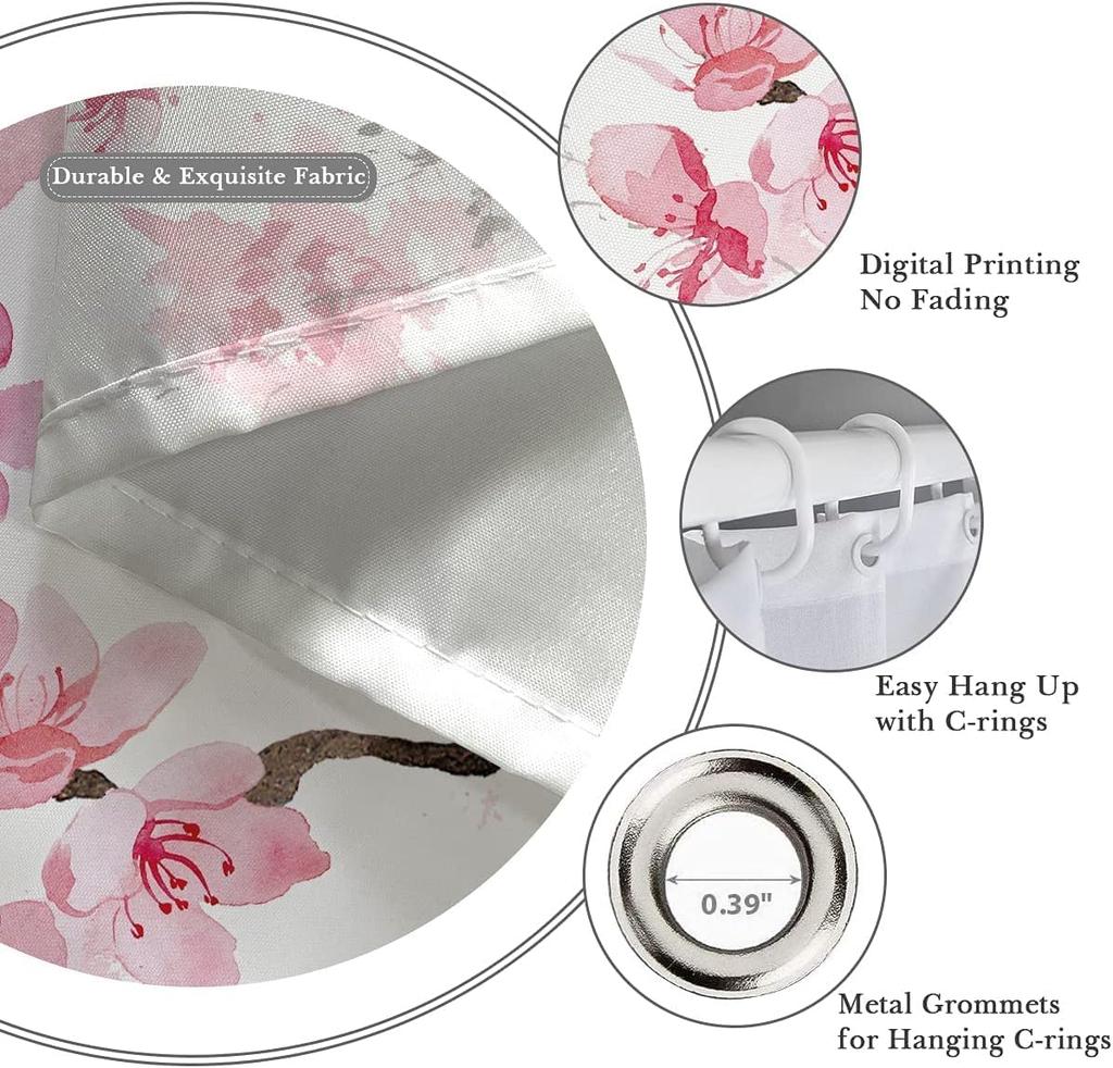 Shower Curtain Pink Cherry Floral Flowers Sakura Plum Blossom Japanese Asian Style Polyester Fabric 12 Pack Plastic Hooks