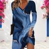 Women Plus Size V Neck Long Sleeve Printed Light Blue A Line Dress