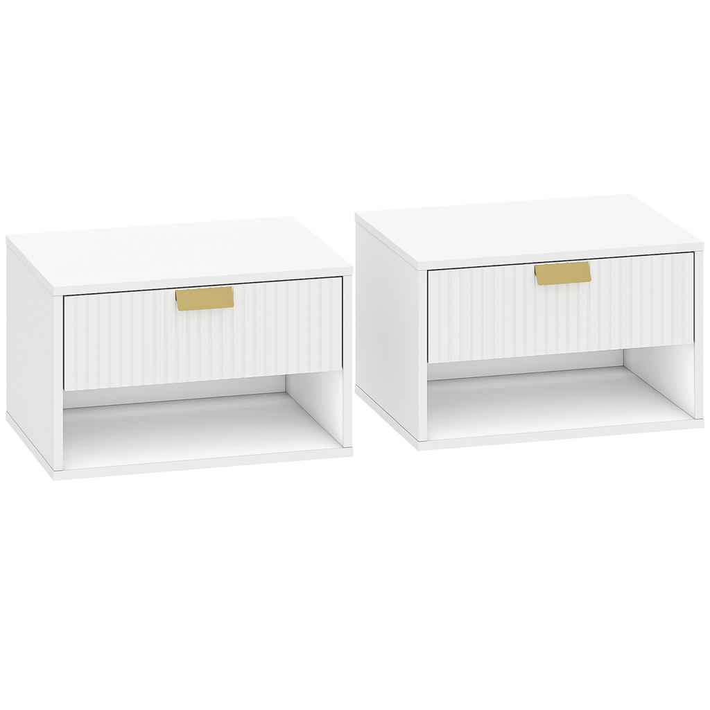 Set of 2 Wall-Mounted Nightstands, Grooved Drawer, Open Shelf, 40x30x25 cm, White