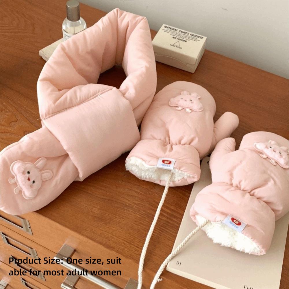 Neck String Pink Bunny Puppy Mittens Fleece Lined Thick Warm Gloves Cold Weather