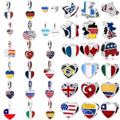 Přívěsek z mincovního stříbra 925 Vlajka Velké Británie, Španělska, Brazílie, Dominikánské republiky, Budova Korálky Pasují na Originální Náramek Šperkové Doplňky Přívěsek