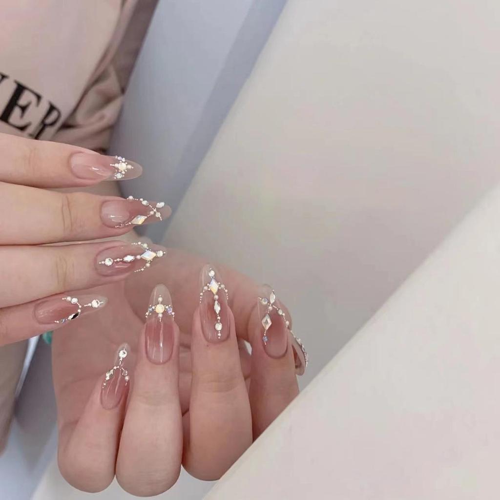 Blush Handmade Press-On Nails with Glitter, Diamonds & Steel Beads - Trendy Ice Transparent Nail Art for a Glam Look.