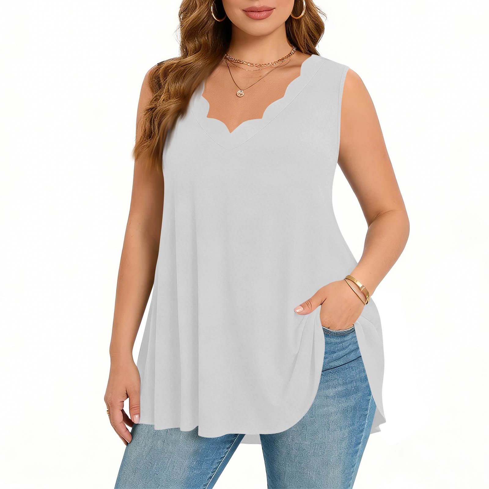 

Women s Plus-Size V-Neck Scalloped Hem Sleeveless Tank Top XL білий