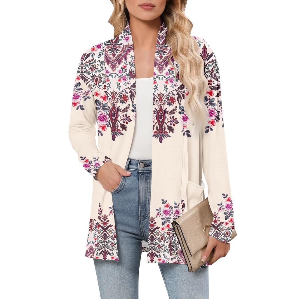 Damen Langarm Strickjacke V-Ausschnitt Mode Bedrucktes Hemd Leicht Lässig Locker Dünne Strickjacken Mit Taschen