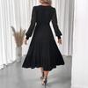 TEMU 2026 Elegant Sweet V-Neck Lace Long Sleeve A-Line Dress Women