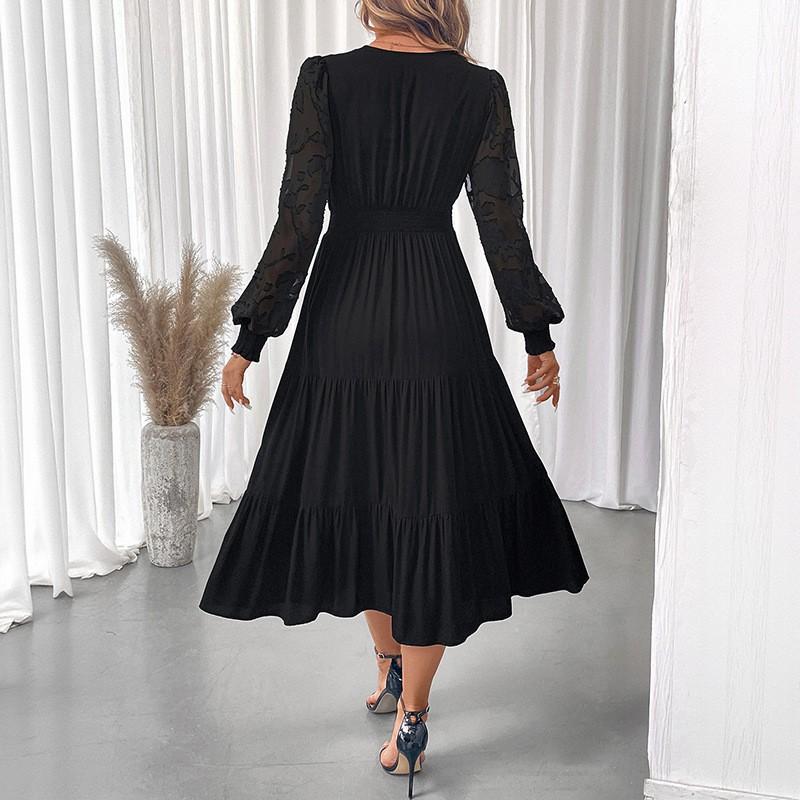 TEMU 2026 Elegant Sweet V-Neck Lace Long Sleeve A-Line Dress Women