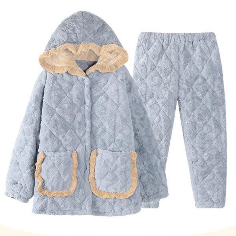 Nové Coral Fleece Pyžamo Dámské Podzimní a Zimní Pyžamo Třívrstvé Zahuštěné Plyšové Domácí Oblečení Teplá Bavlna Domácí Oblečení