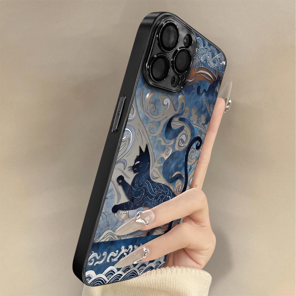 Dark Blue Cat Is Suitable for Apple 17promax16 New 15 Mobile Phone Case iPhone13 Mirror Apple 17 Mirror